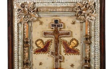 An Icon of a Beaded Crucifixion with Angels, in Kiot.