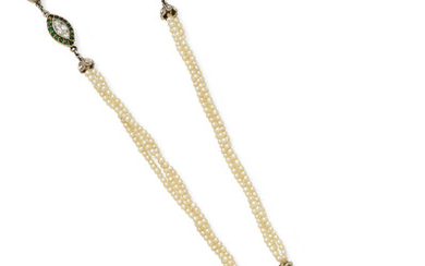An emerald, seed pearl, diamond, gold and platinum necklace