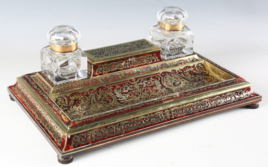 An impressive early 19th century French red stained tortoiseshell and brass boulle inkstand, the cen