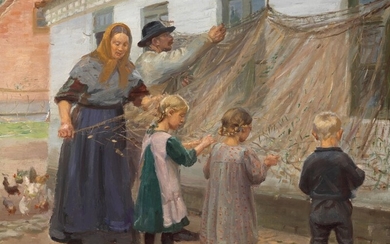 Anna Ancher: Disentangling the fishing net. Signed and dated A. Ancher 1911. Oil on canvas. 53×64 cm.