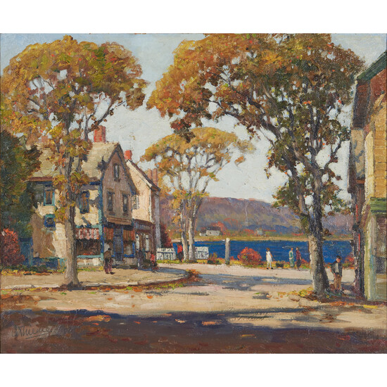 Anthony Thieme (American, 1888-1954) Rockport Square signed 'AThieme' (lower left), titled and numbered '...882 within a circle' (on the reverse) 30 x 36 in. (76.5 x 91.5 cm) (framed 36 3/4 x 42 1/2 in.)
