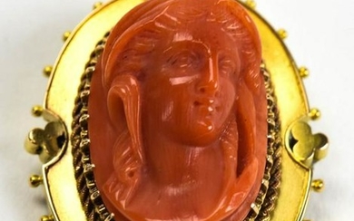 Antique 19th C 14kt Gold & Coral Cameo Brooch