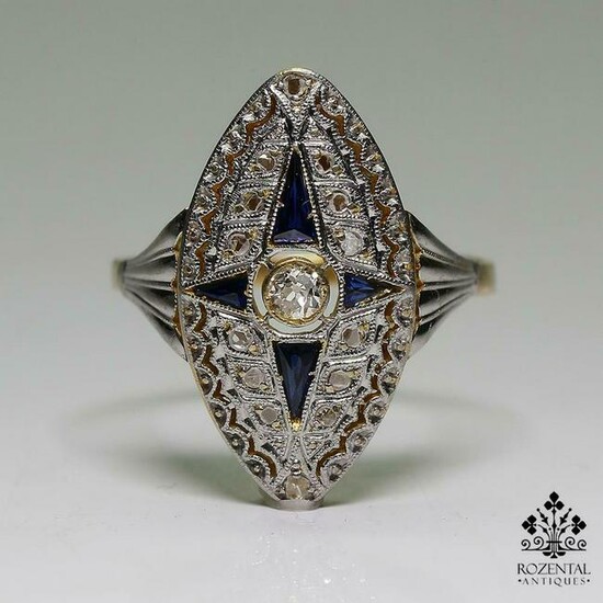 Antique Art Deco 18K Gold Diamond & Sapphire Ring