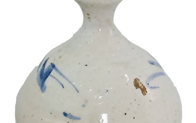 Antique Asian Blue and White Pottery Footed Bulbous Bottle Vase w/ Wooden Stand