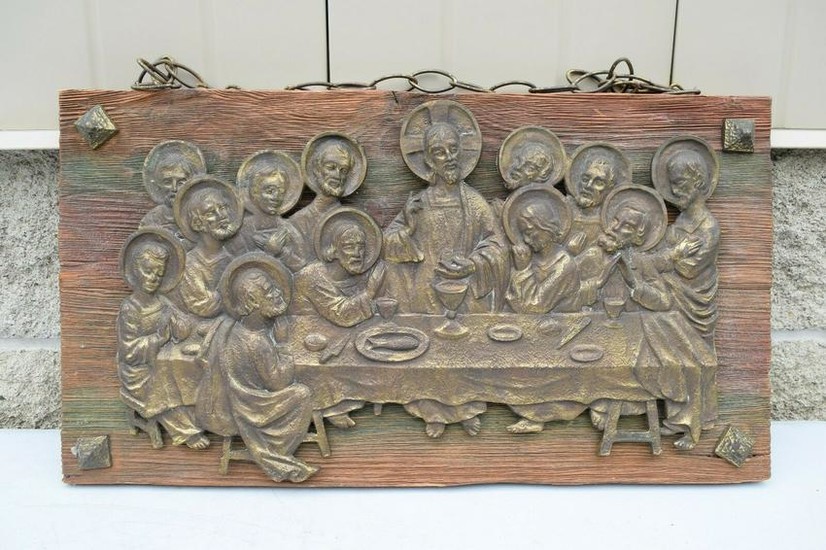 Antique Brass & Wood Last Supper Panel Wall Hanging +