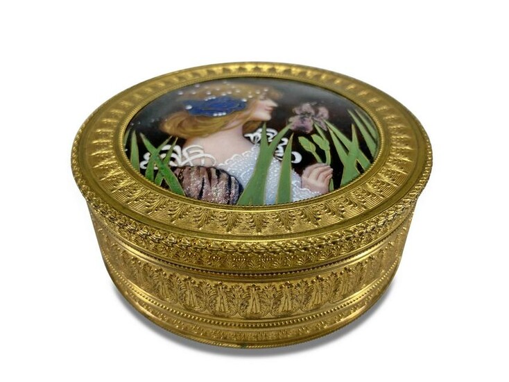 Antique French bronze & enamel round box