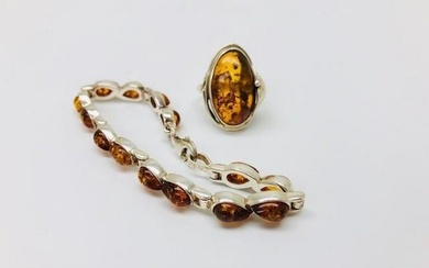 Antique Silver Plated Amber Women's Ring & Bracelet