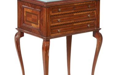 Antique Treenware Style Inlaid Mahogany Work Table, c. 1880, the classical parquetry inlaid top
