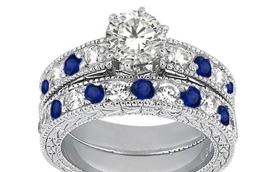 Antique style Diamond and Blue Sapphire Bridal Set 14k White Gold 1.80ctw