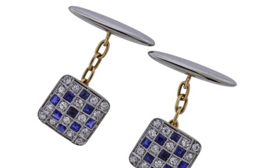 Art Deco Diamond Sapphire Gold Classic Cufflinks