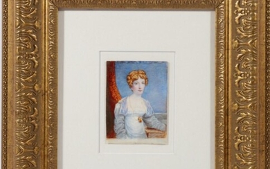 Artist Unknown Portrait of A Woman, Hand Painted Miniature on Ivory, Possibly English Circa 1830s (9cm x 10cm, Frame Size 37cm x 42c...