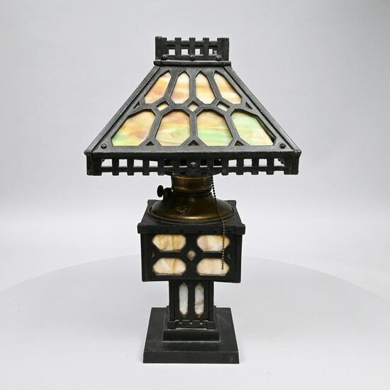 Arts & Crafts Patinated-Iron & Slag Glass Lamp