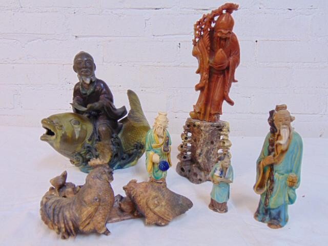 Asian carved stone & mud figures, Chinese, includes