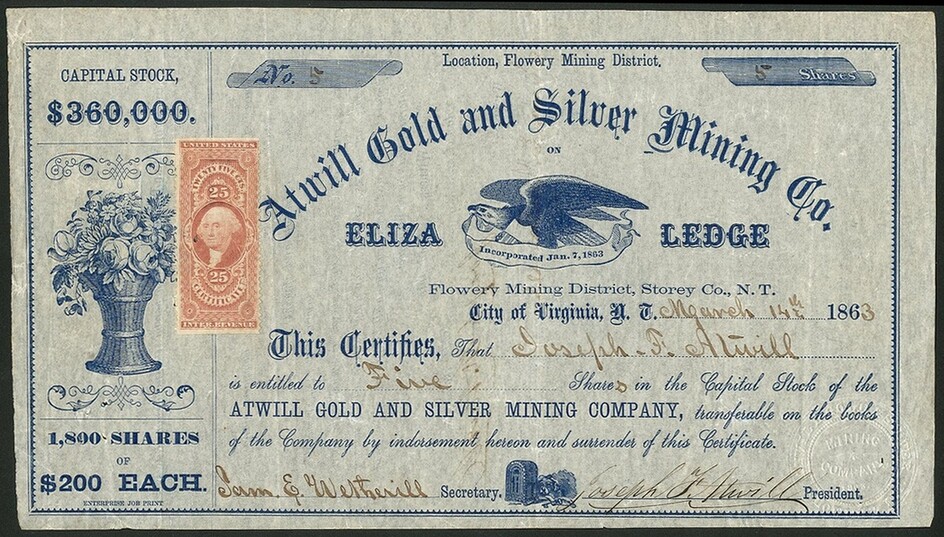 Atwill Gold and Silver Mining Company, Nevada Territory, $200 shares, City of Virginia 186[3],...