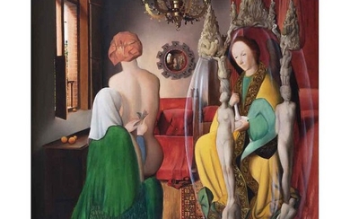 BENJAMÍN DOMÍNGUEZ, Boceto Matrimonio Arnolfini, homenaje a Jan van Eyck, arcángel cautivo, Firmado, Temple/triplay, 60 x 50.5 cm