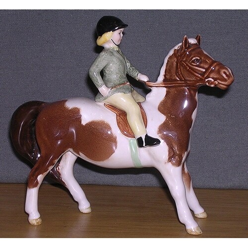 BESWICK 14cm MODEL OF A GIRL ON PONY (Skewbald Gloss Horse,G...