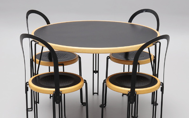 BÖRGE LINDAU. Dining group, 4 chairs with table, steel, wood, Blue station.