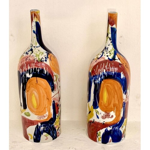 BOTTLE VASES, a pair, 51cm H, glazed ceramic, abstract desig...