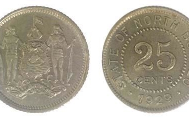 BRITISH NORTH BORNEO Silver 25 cents 1929 (KM 6) AU