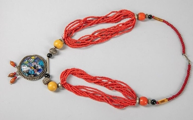 Beaded Necklace with Painted Silver Pendant