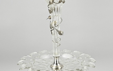 Belle pièce de Milieu avec argenterie, 934/000, Pièce de Milieu comprenant un vase en cristal...