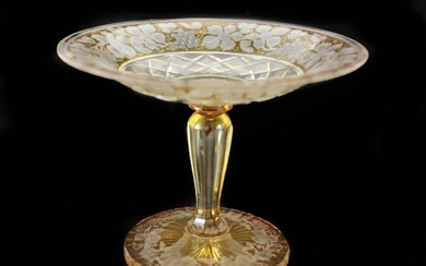 Bohemian Art Glass Amber to Cut Clear Tazza / Compote, c1930. Etched Florals
