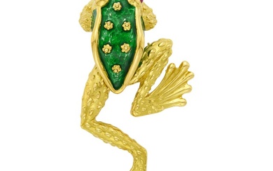 Boris LeBeau Gold, Green Enamel and Cabochon Ruby Frog Brooch