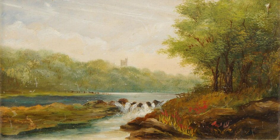 British School, late 19th century- River landscape; oil on board, 16.5 x 30 cm