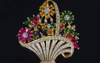 Broche "Panier de fleurs" en or sertie de diamants, rubis, saphirs, péridots et citrines. Poids...