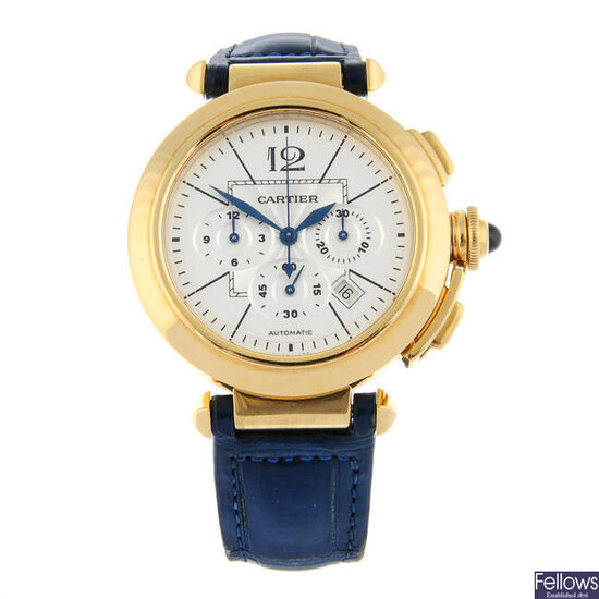 CARTIER - an 18ct yellow gold Pasha chronograph wrist watch, 42mm.