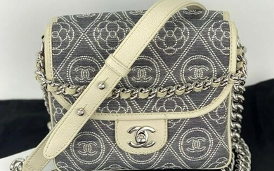 CHANEL Fabric Camellia Printed Grained Calfskin