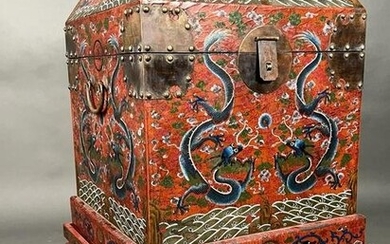 CHINESE RED LACQUERED HANDPAINTED CHEST ON STAND with