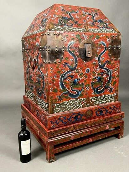CHINESE RED LACQUERED HANDPAINTED CHEST ON STAND with