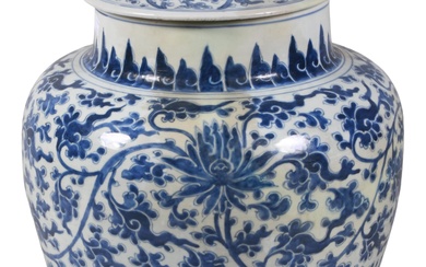 CHINESE UNDERGLAZE BLUE AND WHITE PORCELAIN 'LOTUS' JAR AND A COVER, 18TH/19TH CENTURY Height: 19 in. (48.3 cm.)