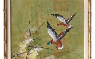 CHINESE WATERCOLOR ON CORK PAINTING DUCKS SIGNED