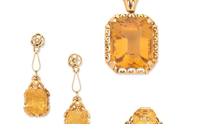 CITRINE PENDANT, RING AND EARRING SUITE, CIRCA 1950 (3)