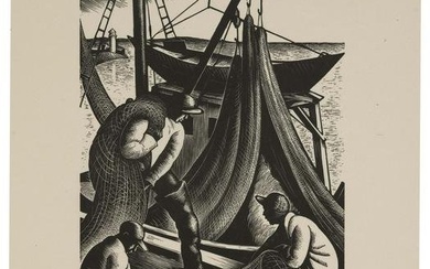 CLAIRE VERONICA HOPE LEIGHTON (Connecticut/England, 1898-1989), "The Net Menders", 1948., Woodcut