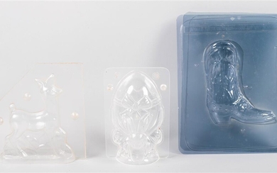 CLEAR PLASTIC EASTER EGG, RUDOLPH REINDEER AND COWBOY BOOT CHOCOLATE CANDY MOLDS