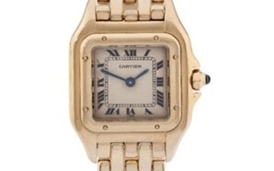 Cartier. An 18ct gold quartz bracelet watch Panthère, Ref. C1070, Serial Number 8669111480, with original box and receipts dated 1984 Champagne dial with black printed Roman numerals, secret signature at 7, inner minute track, blued steel sword...