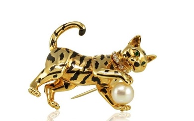 Cartier Panthere 18K Yellow Gold French Diamond & Pearl Cat Brooch