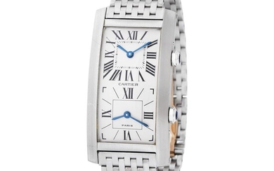 Cartier Paris. Sophisticated and Refined Tank Cintrée Dual-Time Wristwatch in White Gold, Reference 11 061, With Box and Papers