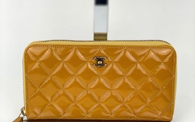 Chanel Wallet Quilted Yellow Patent Leather Brilliant Zip Around Clutch B397