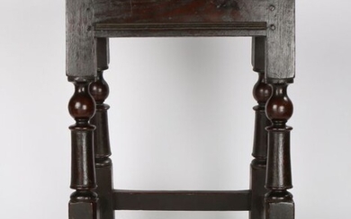 Charles II oak joint stool, Welsh circa 1680, the rectangular top with rounded edge on ball and