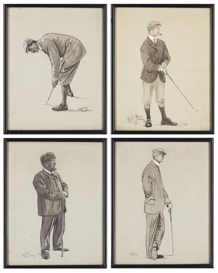 Charles Napier Ambrose, British 1876-1946- A golfer putting; brush and black ink and wash heightened with white on grey coloured paper, signed, 29 x 22.5 cm: together with three other drawings/original artworks for illustration of golfers and...