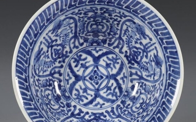 China, blue-white porcelain 'dragons' bowl, 18th century, decorated...