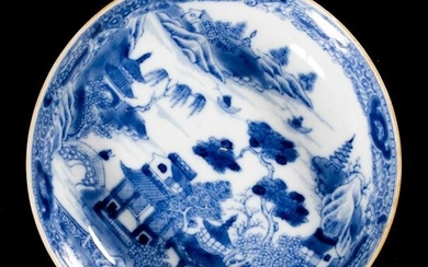 Chinese Blue & White Landscape Porcelain Plate 19th
