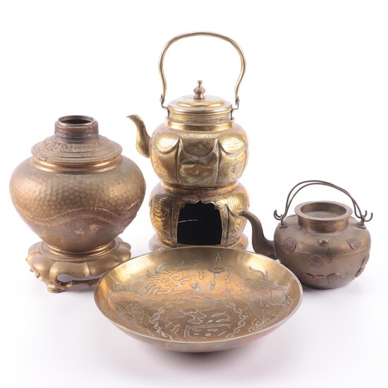 Chinese Brass Kettles, Lamp Base and Other Tableware
