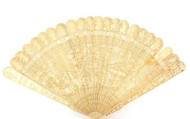Chinese Canton ivory brise fan carved with figures amongst p...