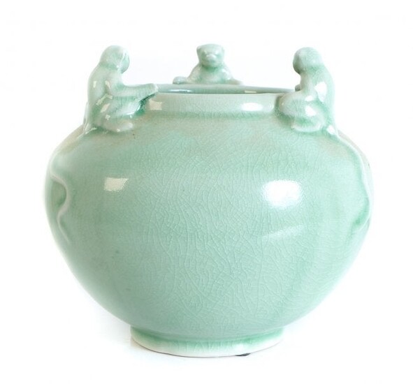 Chinese Celadon Glazed Porcelain Bowl w/Monkeys
