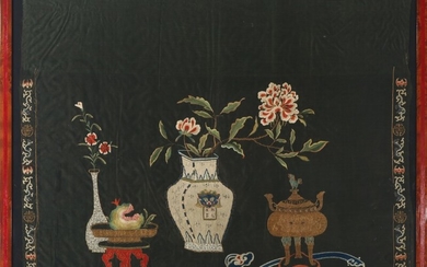 Chinese silk hanging, embroidered in colours and metal thread with still life. Late Qing, 19th century. Visible size 78×97 cm.